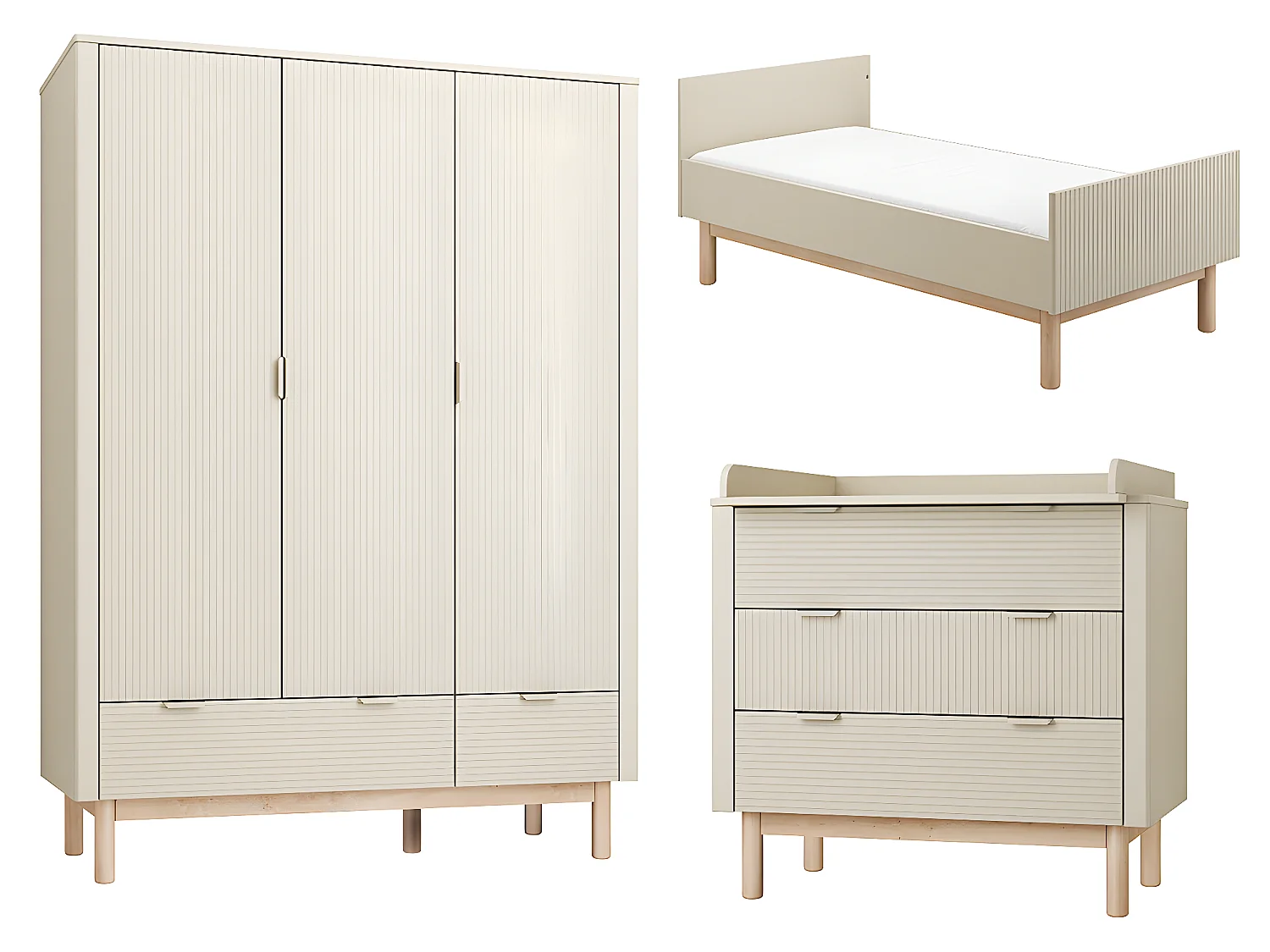 Chambre complète lit évolutif 70x140 commode à langer et armoire 3 portes Miloo Champagne