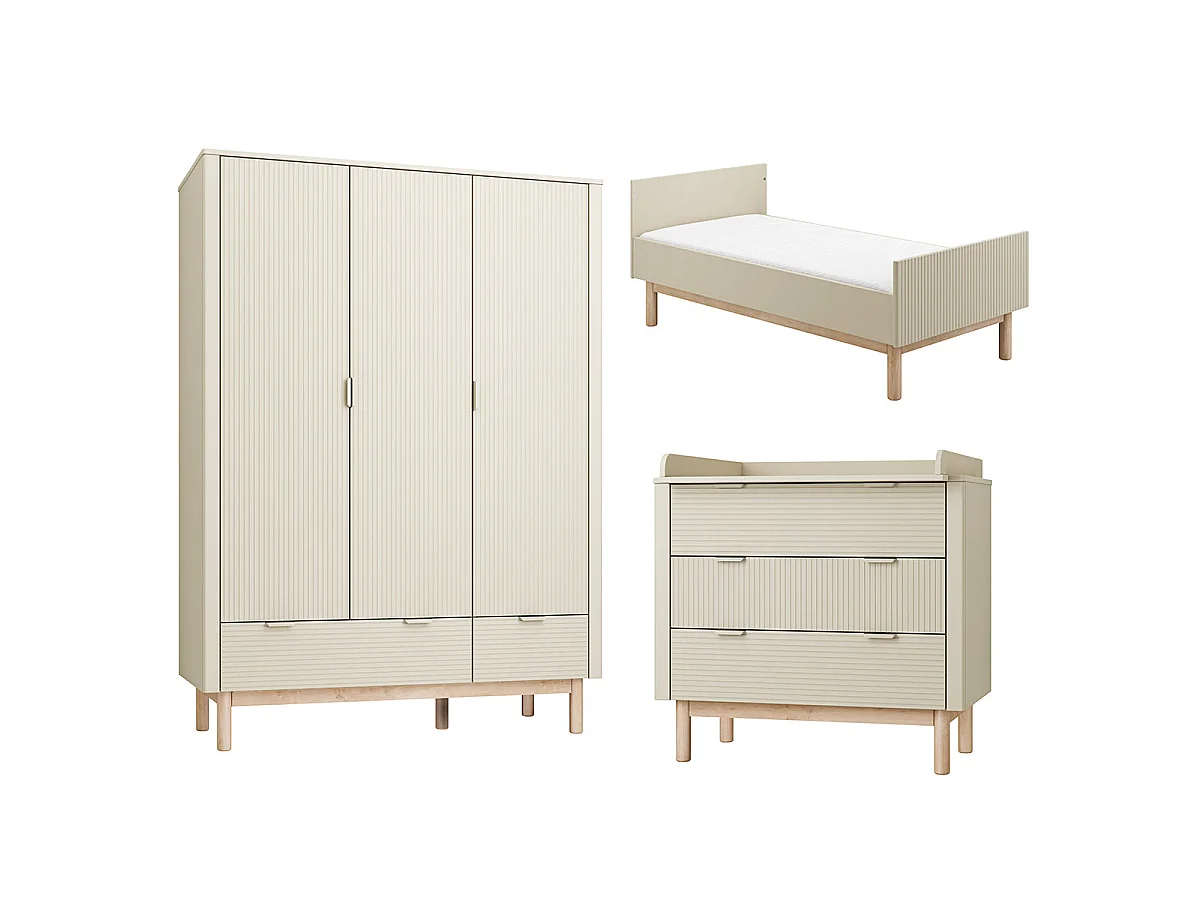Chambre complète lit évolutif 70x140 commode à langer et armoire 3 portes Miloo Champagne