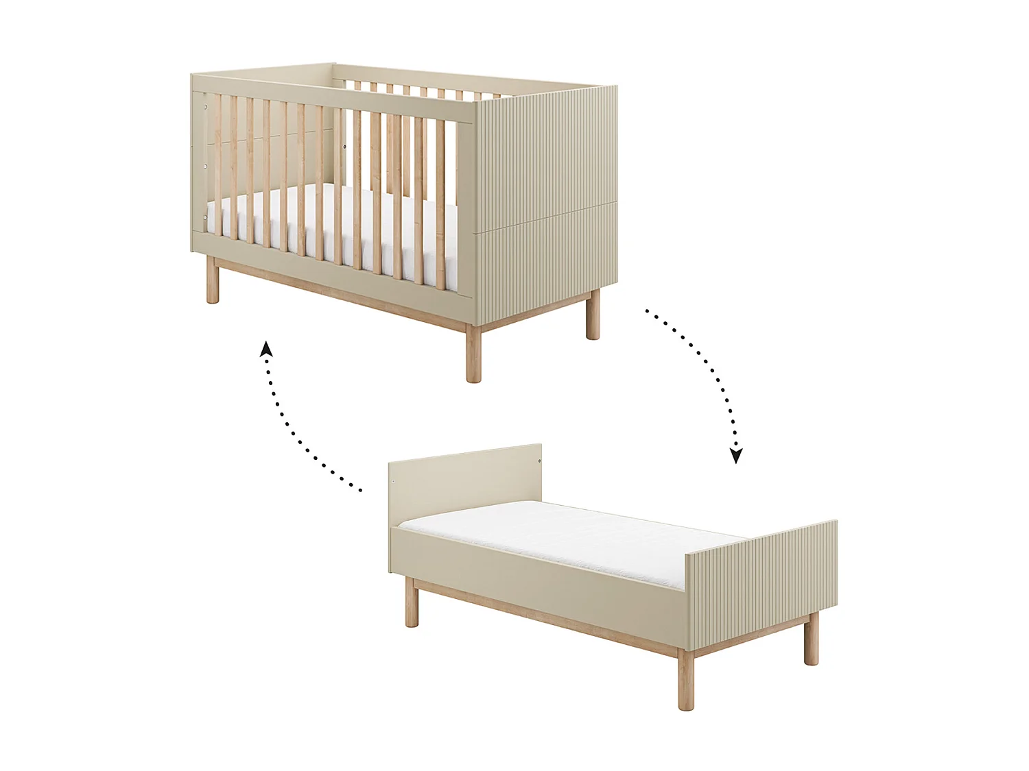 Lit évolutif 70x140 et commode 3 tiroirs Miloo Champagne