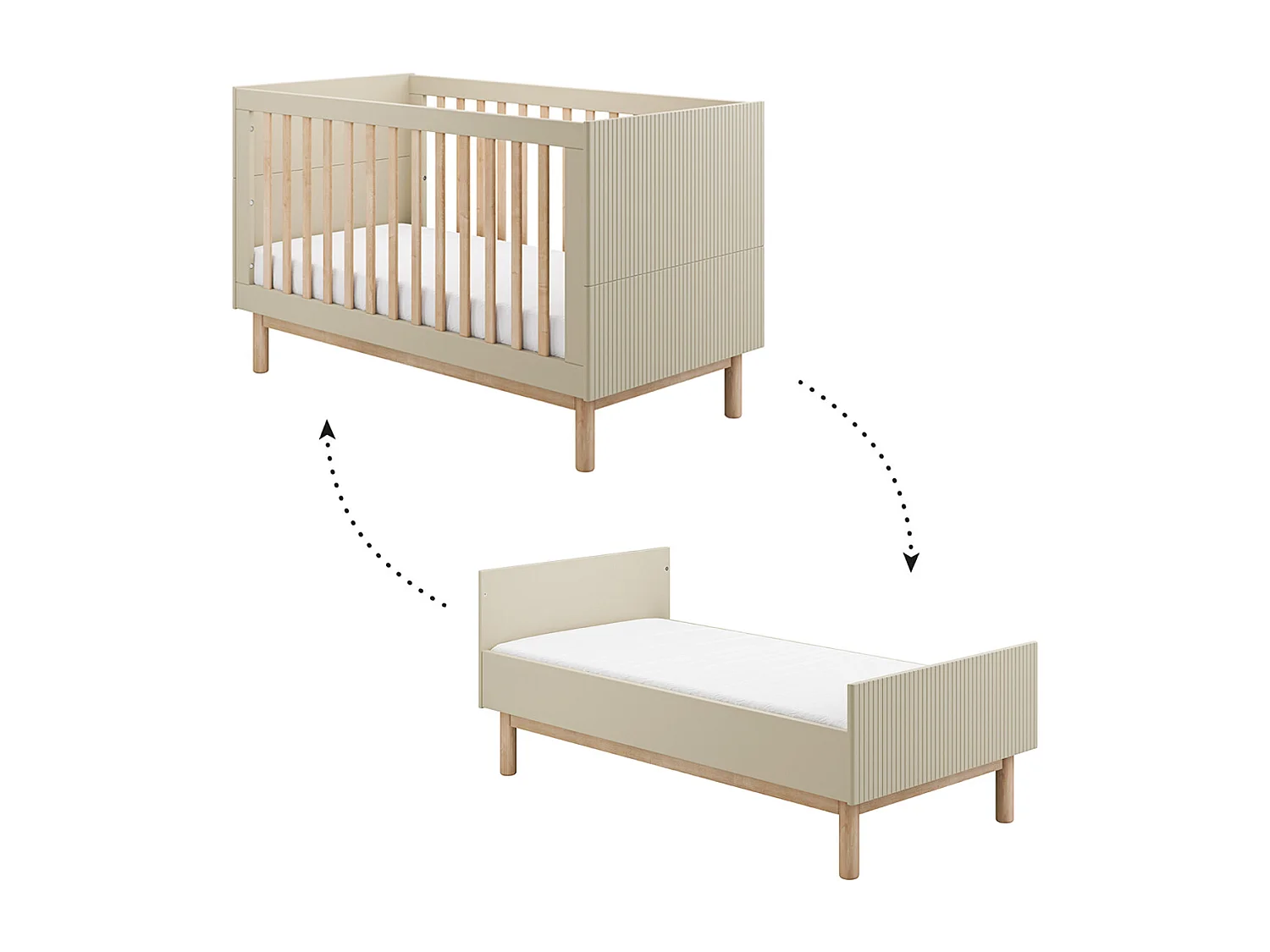 Lit évolutif 70x140 et commode 3 tiroirs Miloo Champagne