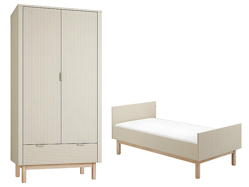 Lit évolutif 70x140 et armoire 2 portes Miloo Champagne