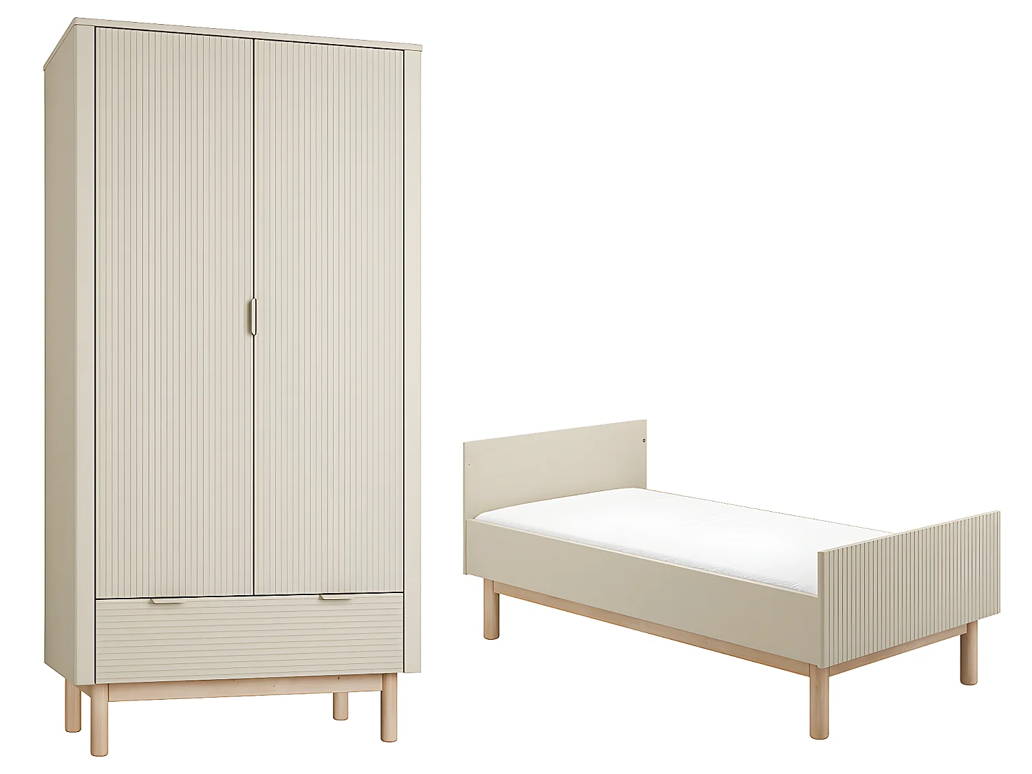 Lit évolutif 70x140 et armoire 2 portes Miloo Champagne