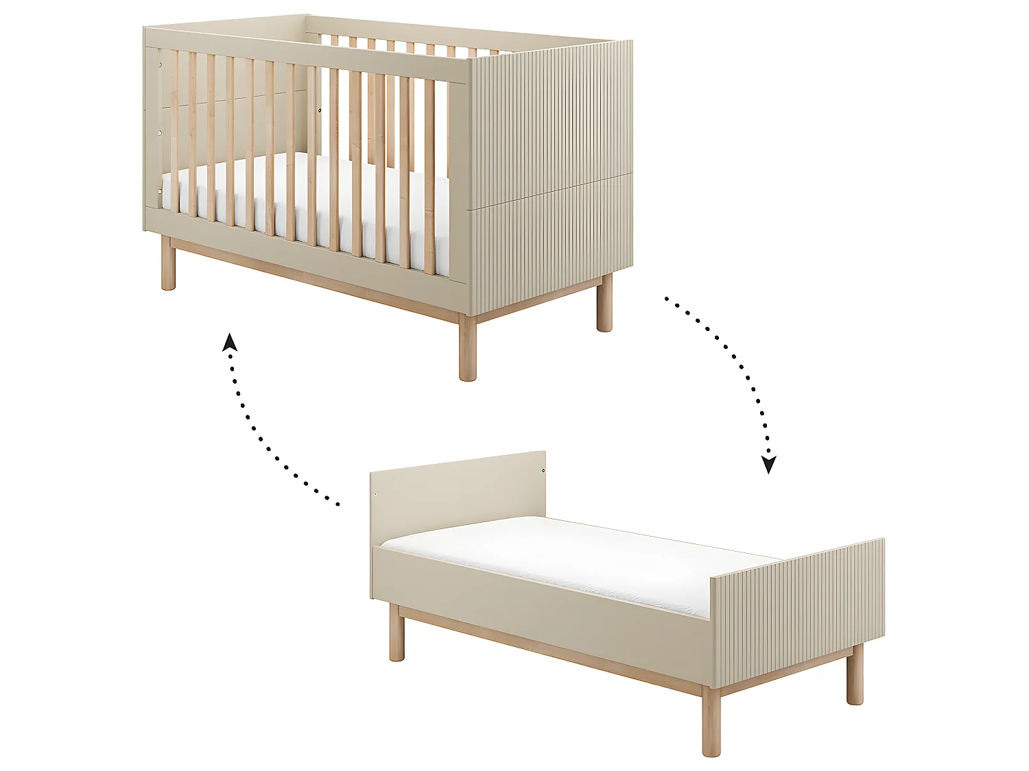 Lit évolutif 70x140 et commode 3 tiroirs 1 porte Miloo Champagne