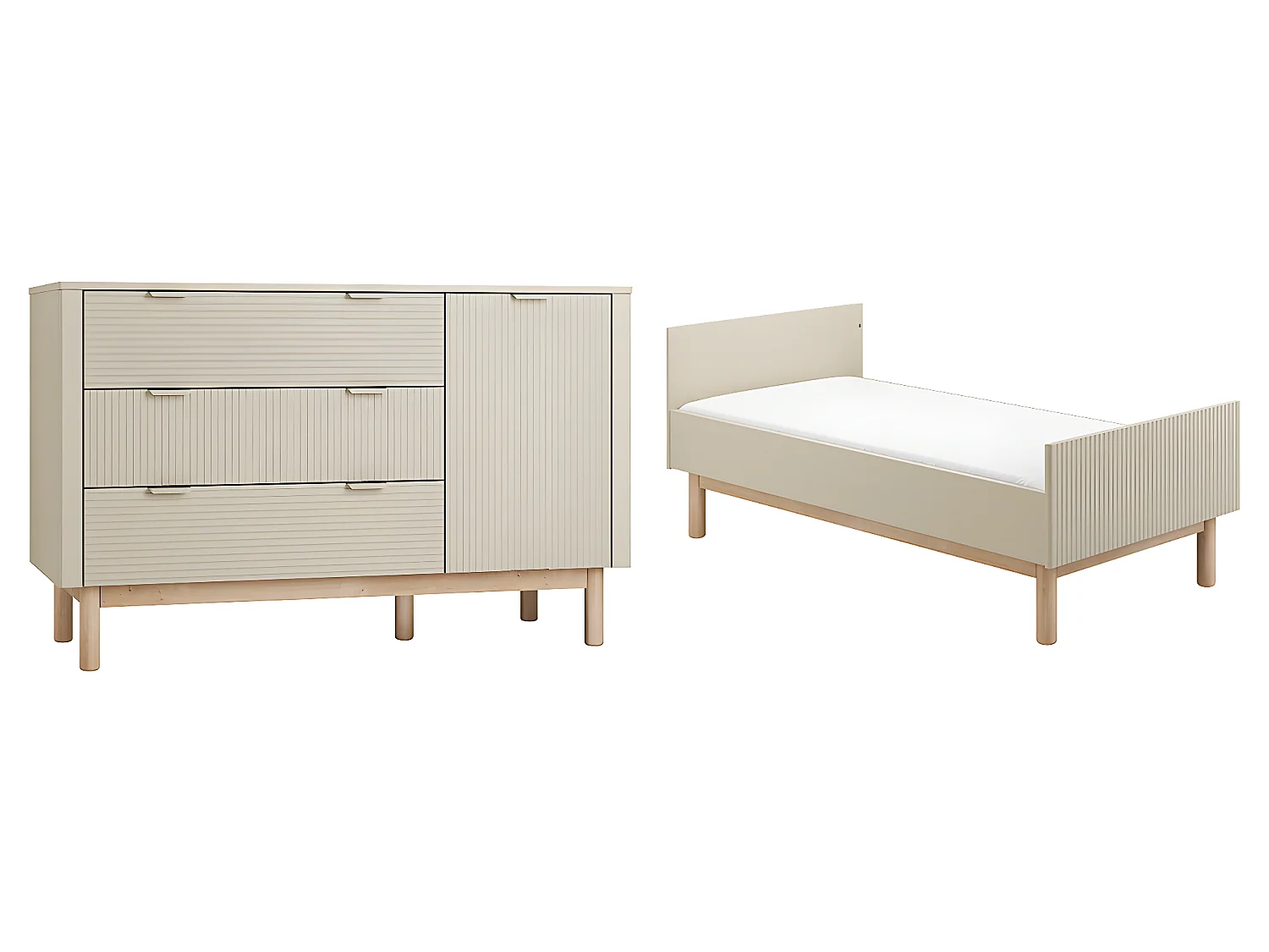Lit évolutif 70x140 et commode 3 tiroirs 1 porte Miloo Champagne