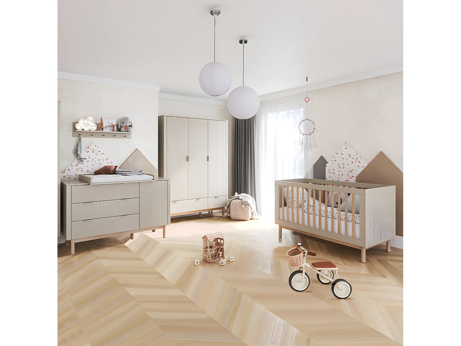 Lit évolutif 70x140 et commode 3 tiroirs 1 porte Miloo Champagne