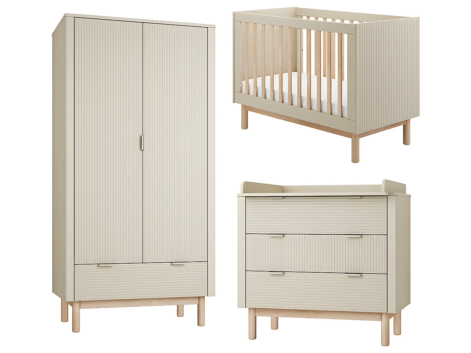 Chambre complète lit évolutif 60x120 commode à langer et armoire 2 portes Miloo Champagne