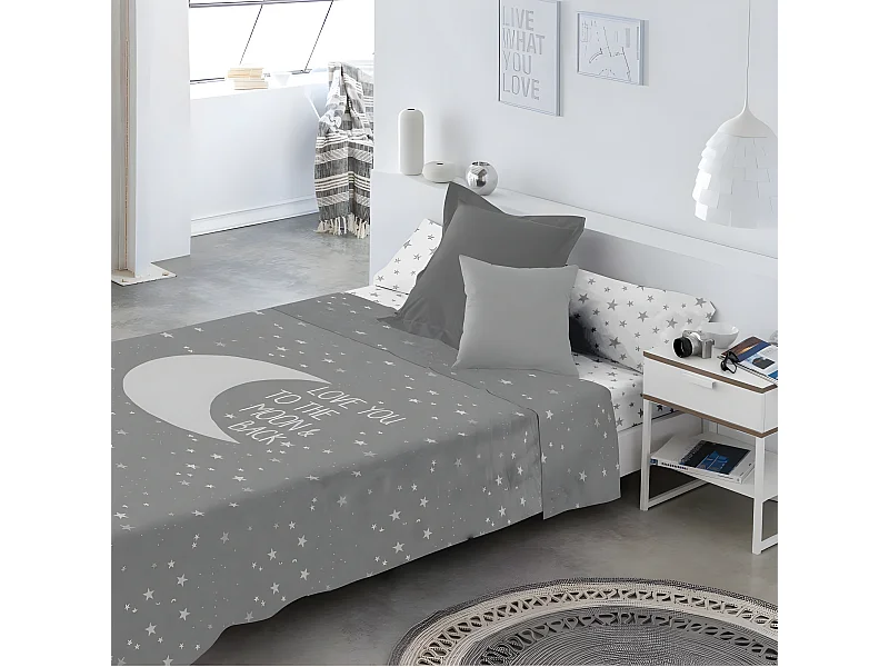 Juego de sabanas Infantil/Juvenil Moon Grey 100% ALGODÓN.  Cama de 90