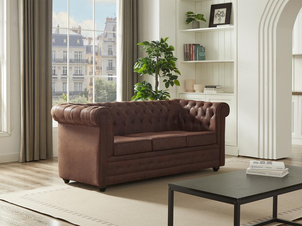 Sofa mit Schlaffunktion 3-Sitzer - Mikrofaser - Vintage-Leder-Optik - CHEST günstig online kaufen