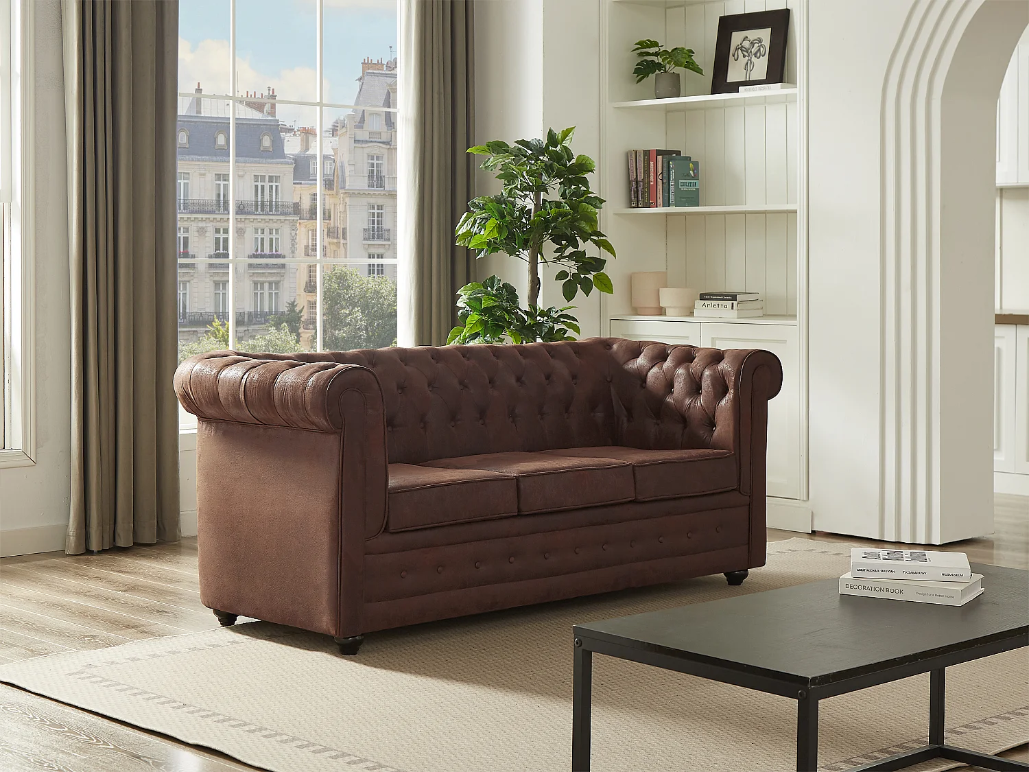 Canapé 3 places convertible en microfibre aspect cuir vieilli CHESTERFIELD