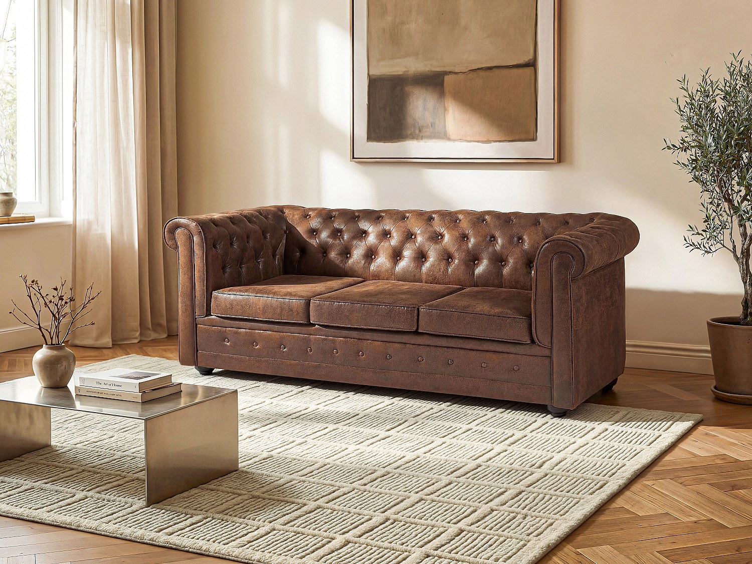 Sofa mit Schlaffunktion 3-Sitzer - Mikrofaser - Vintage-Leder-Optik - CHEST günstig online kaufen