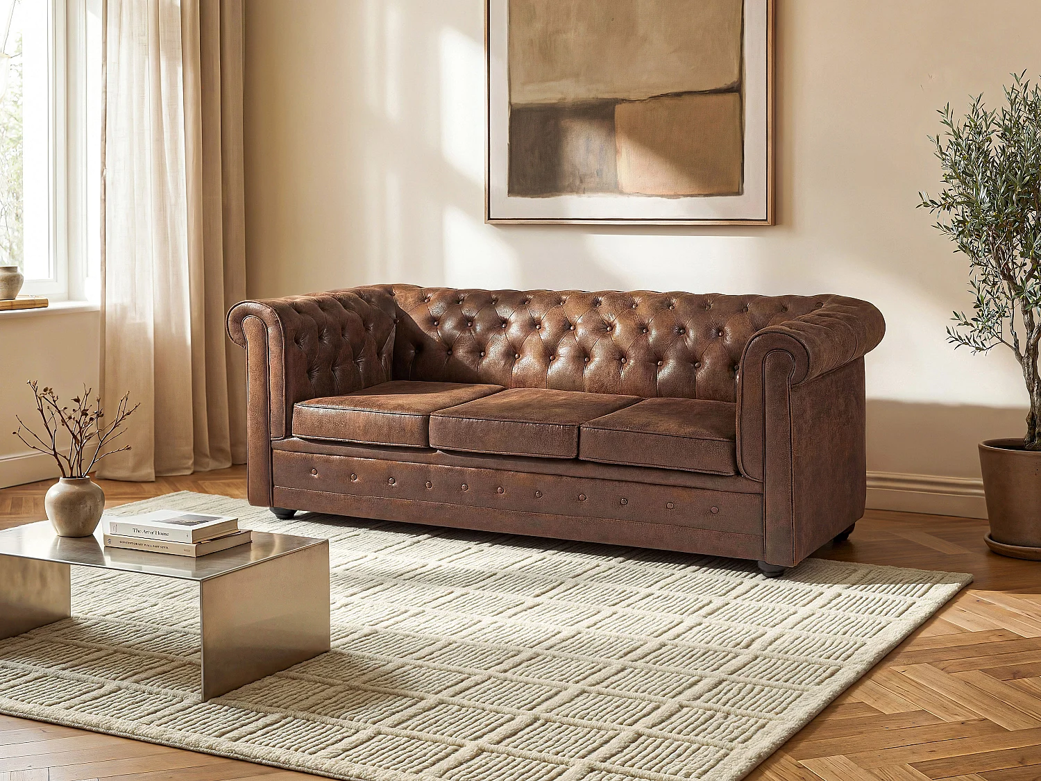 Divano letto 3 posti in microfibra con aspetto pelle invecchiata - CHESTERFIELD