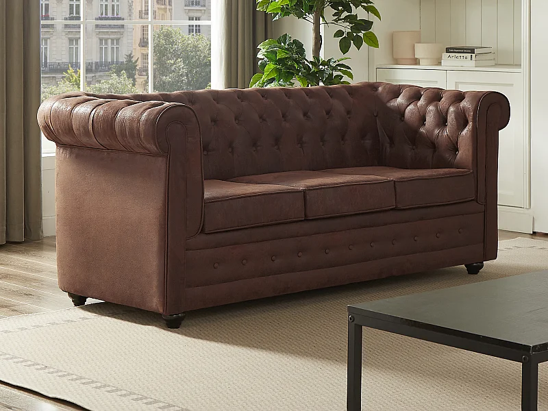 Driezits-slaapbank van microvezel met verouderd leereffect CHESTERFIELD