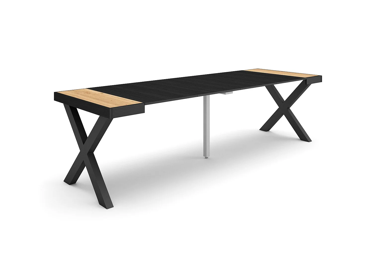 Table console extensible, 262x90x73cm, Pour 12 personnes, Pieds bois massif, Chêne et noir