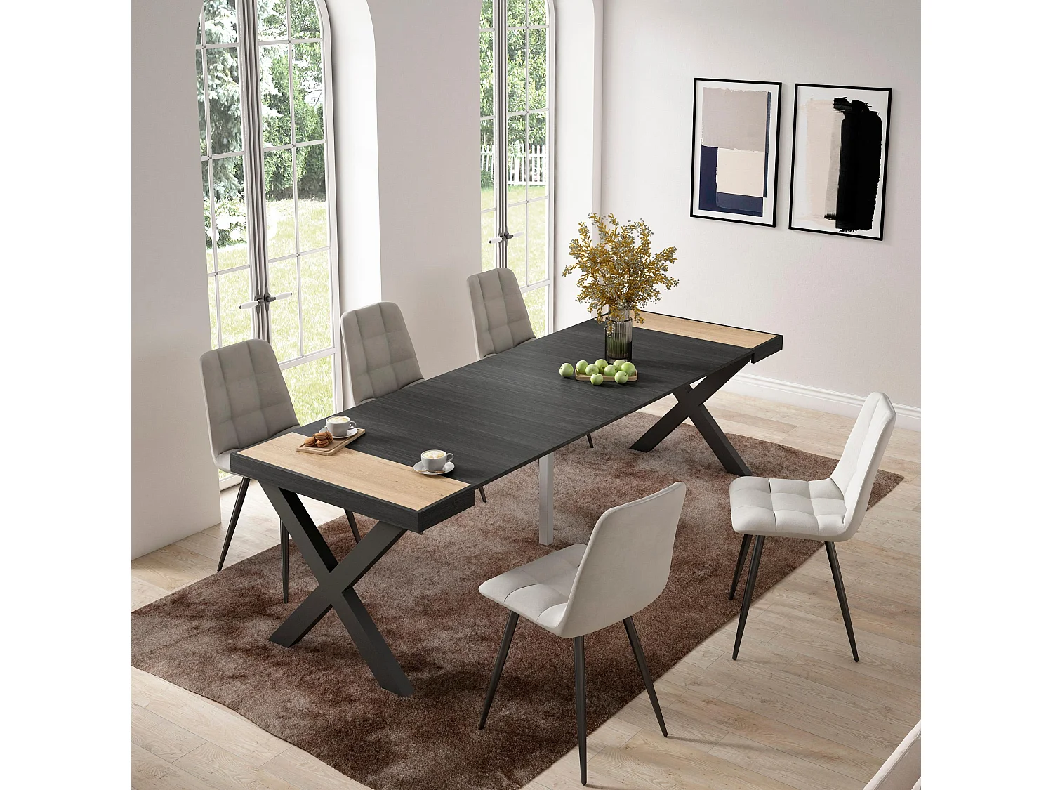 Table console extensible, 262x90x73cm, Pour 12 personnes, Pieds bois massif, Chêne et noir