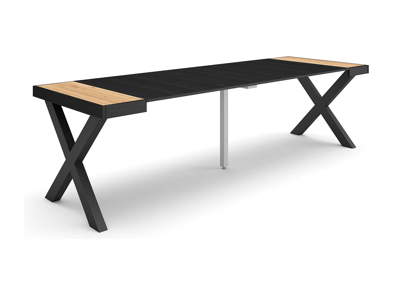 Table console extensible, 262x90x73cm, Pour 12 personnes, Pieds bois massif, Chêne et noir