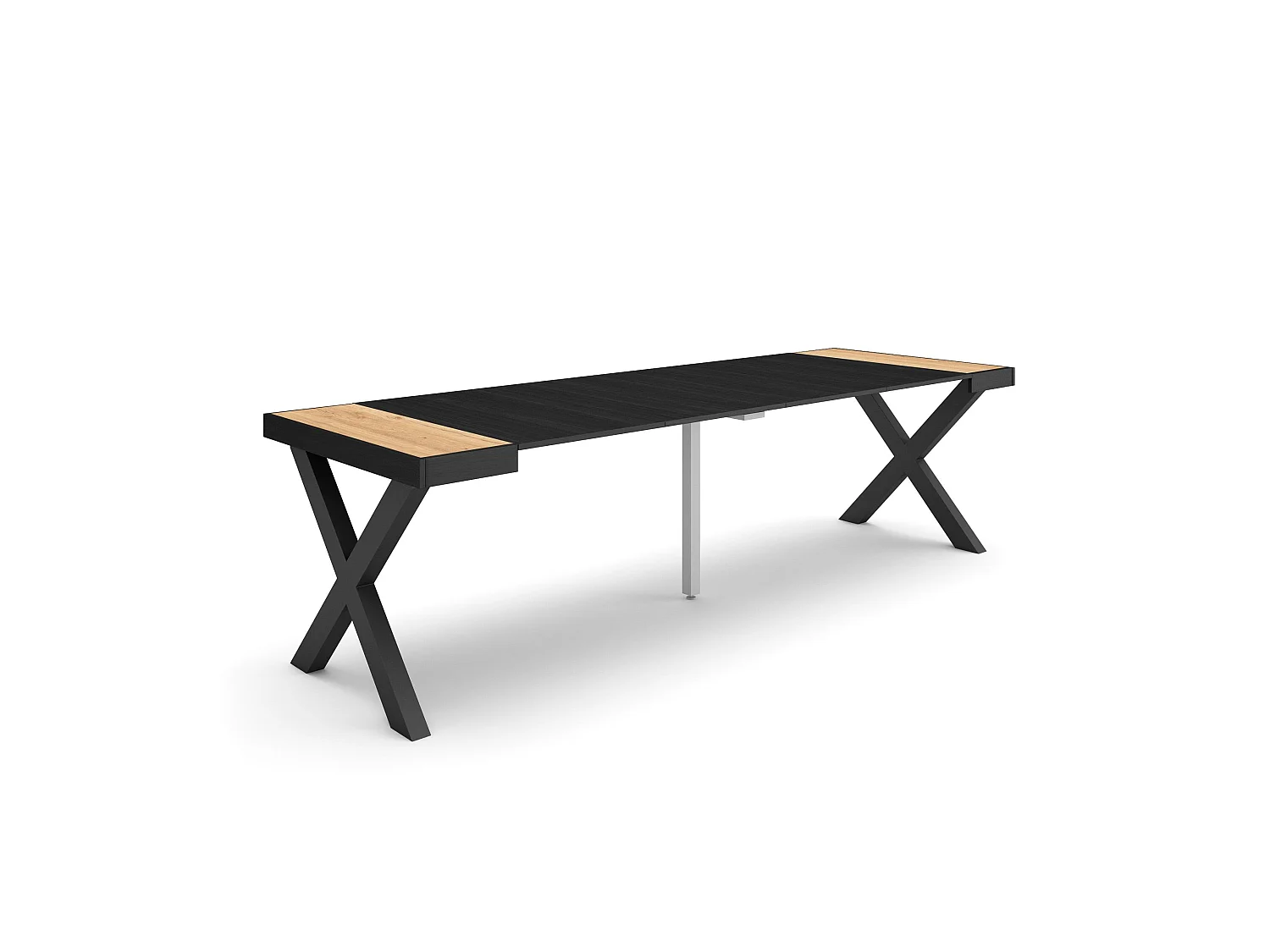 Table console extensible, 262x90x73cm, Pour 12 personnes, Pieds bois massif, Chêne et noir
