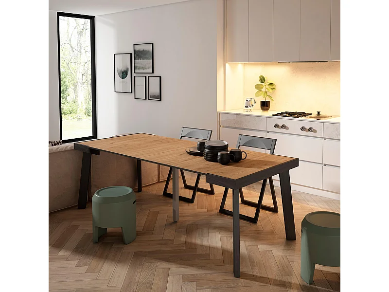 Uitschuifbare Consoletafel, 222x90x73cm, Voor 10 personen, Houten poten, Eiken