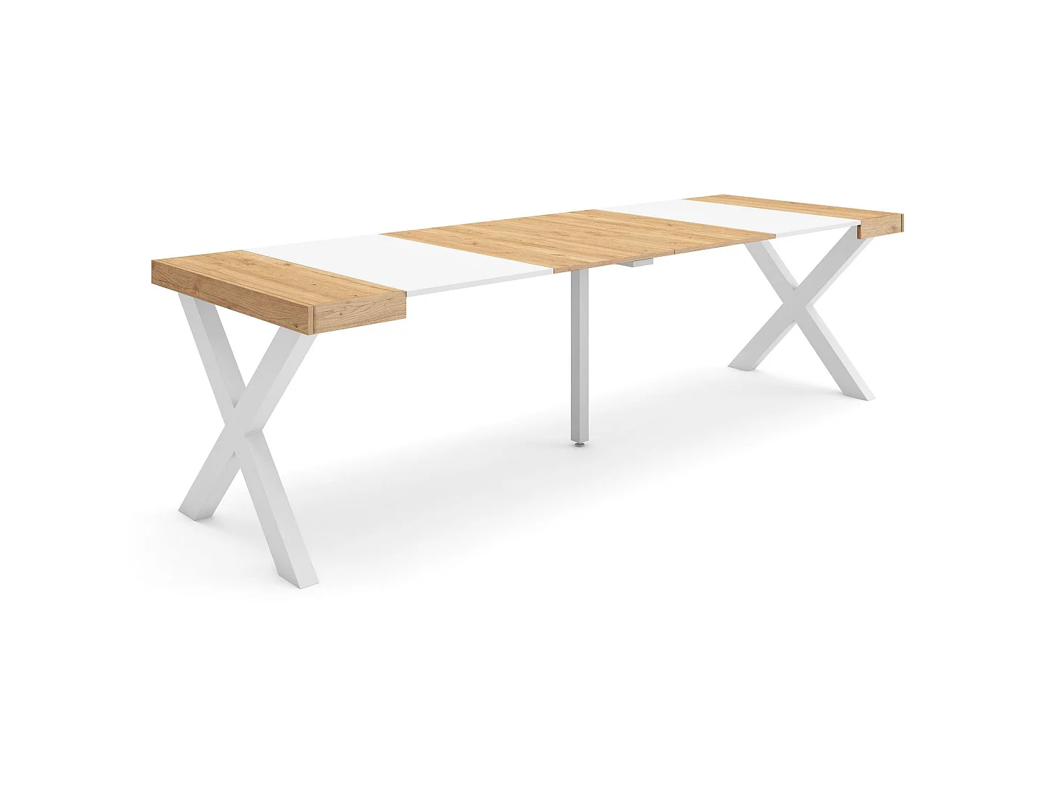 Consolle allungabile, 262x90x73cm, Per 12 persone, Gambe in legno, Rovere e bianco