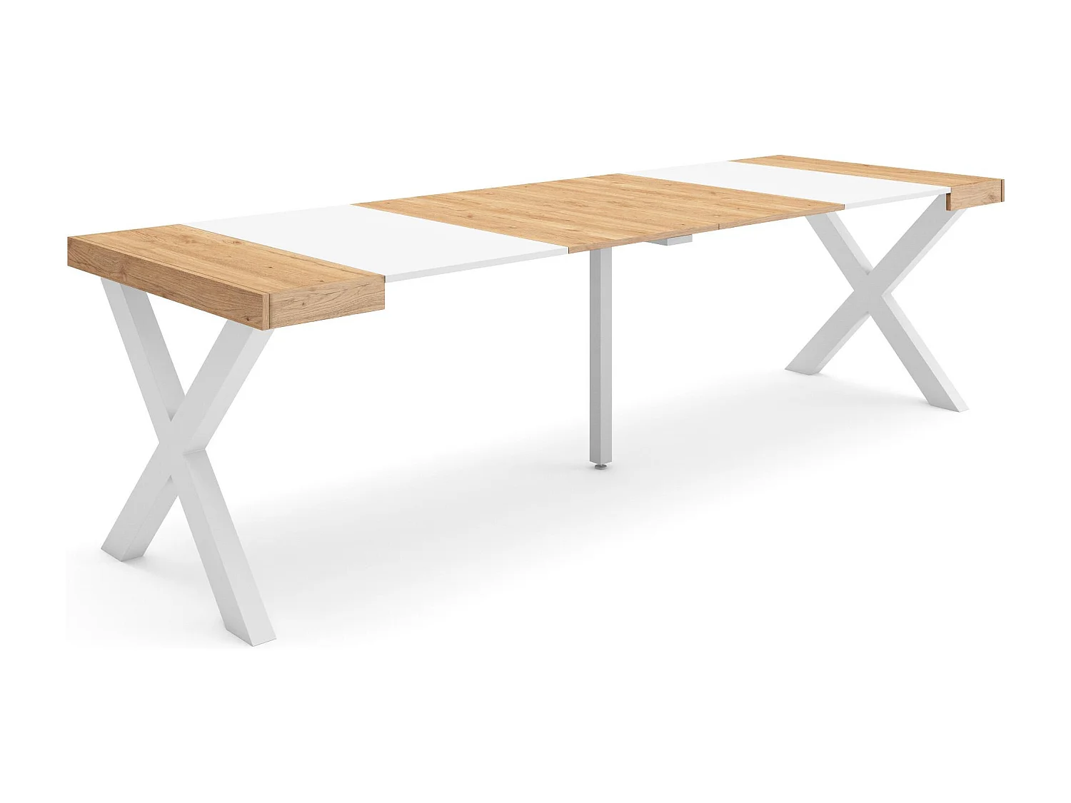 Uitschuifbare Consoletafel, 262x90x73cm, Voor 12 personen, Massief houten poten, Eiken/Wit