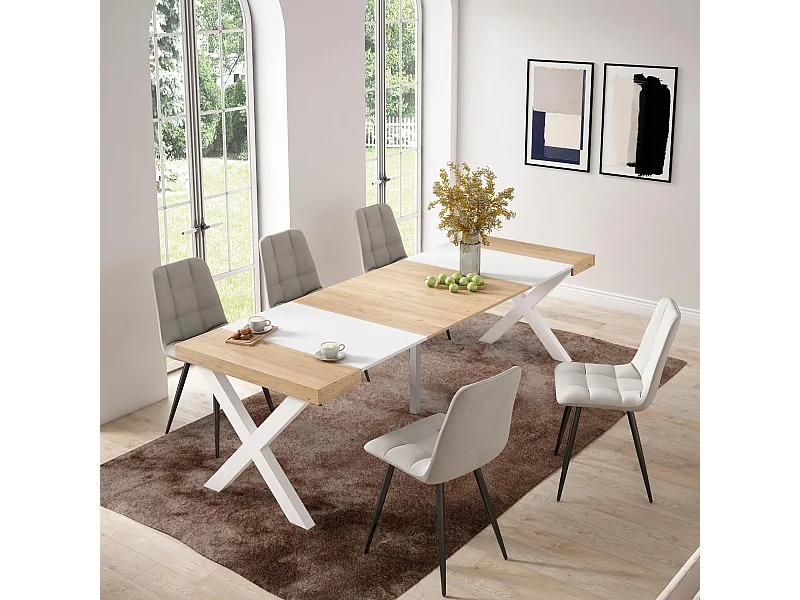 Mesa Consola extensible, 262x90x73cm, Para 12 comensales, Patas madera maciza, Roble y blanco