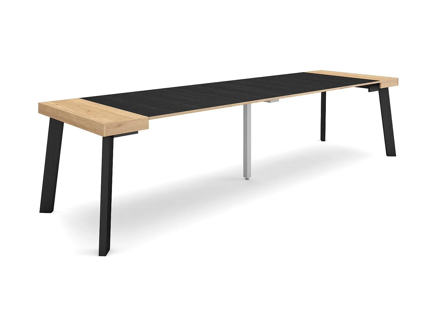 Table console extensible, 302x90x73cm, Pour 14 personnes, Pieds en bois, Chêne et noir