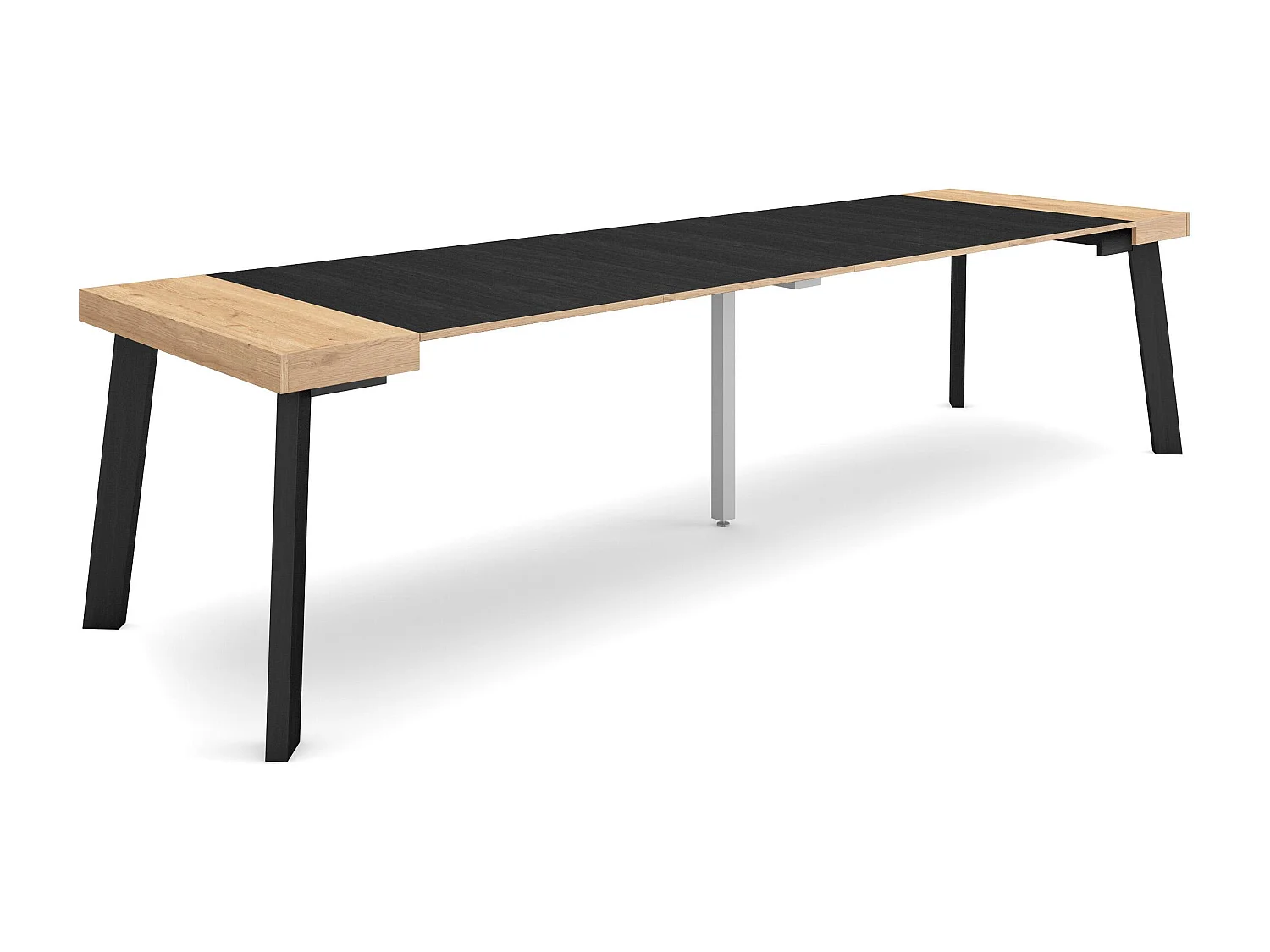 Consolle allungabile, 302x90x73cm, Per 14 persone, Gambe in legno, Rovere e nero