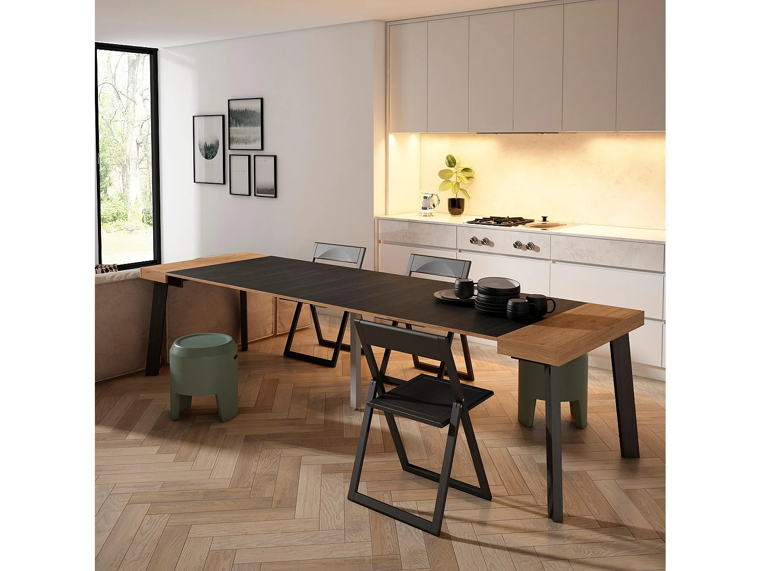 Table console extensible, 302x90x73cm, Pour 14 personnes, Pieds en bois, Chêne et noir