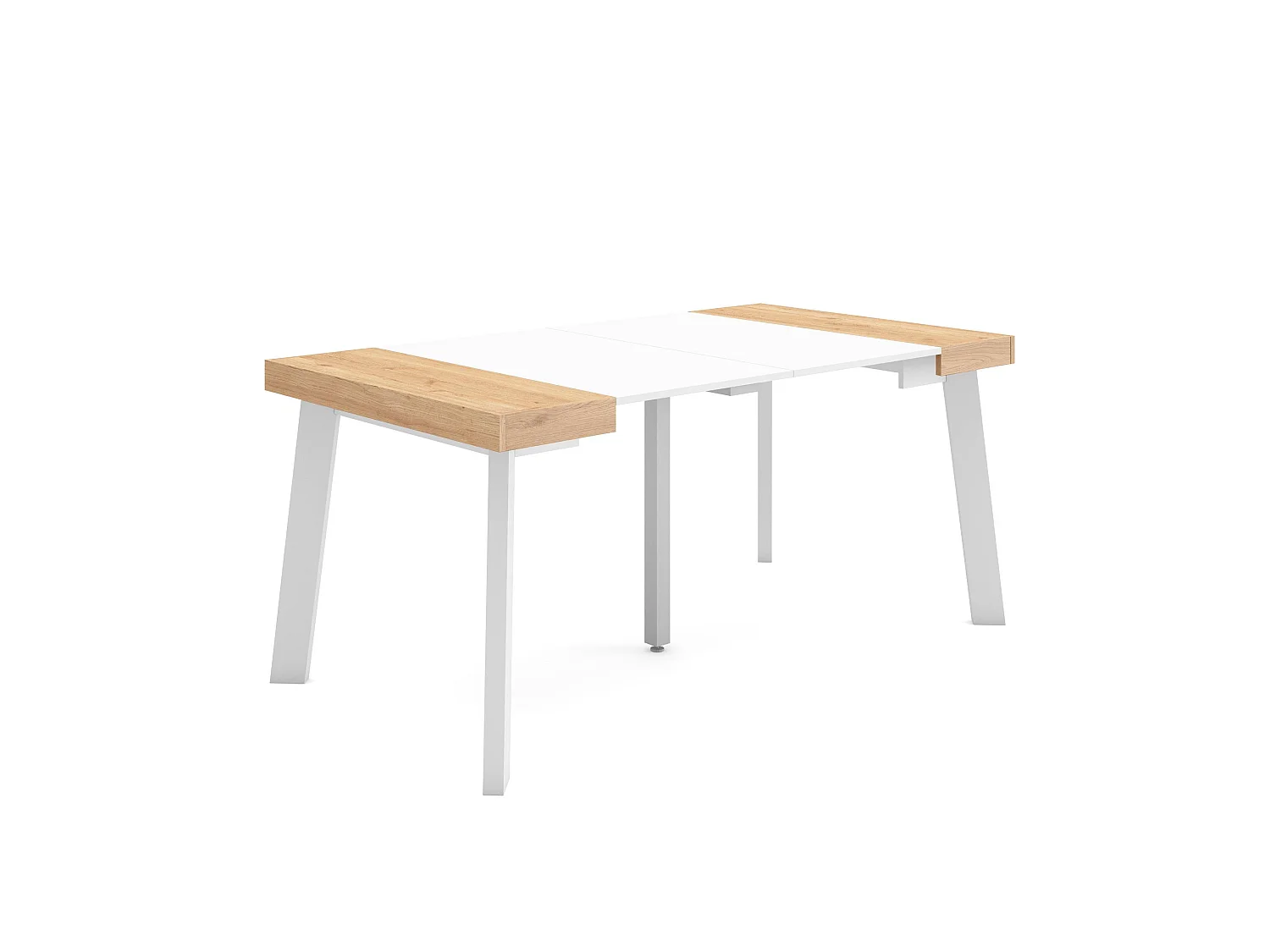 Mesa Consola extensible, 160x90x73cm, Para 8 comensales, Patas de madera, Roble y blanco