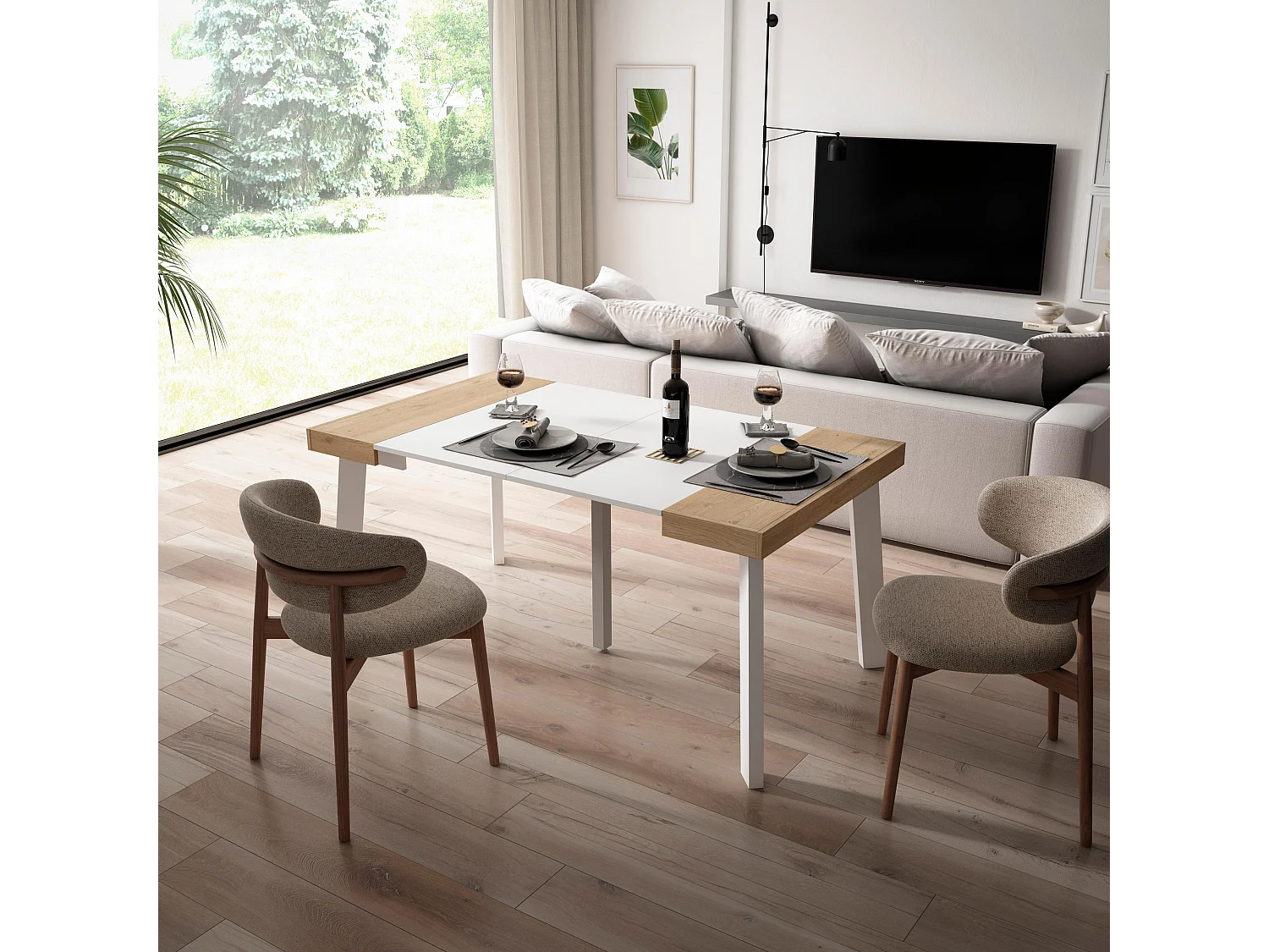 Mesa Consola extensible, 160x90x73cm, Para 8 comensales, Patas de madera, Roble y blanco