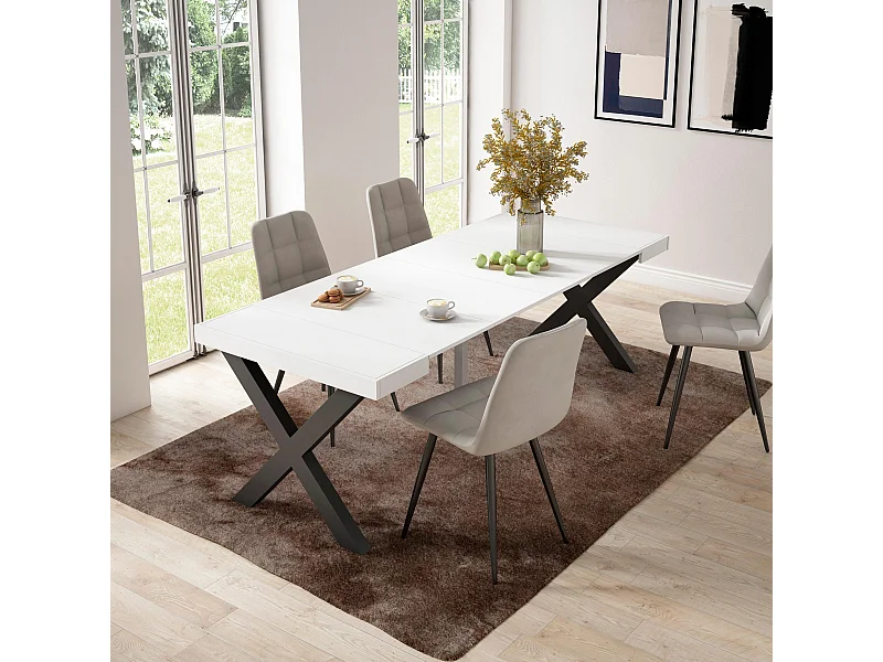 Uitschuifbare Consoletafel, 222x90x73cm, Voor 10 personen, Massief houten poten, Wit