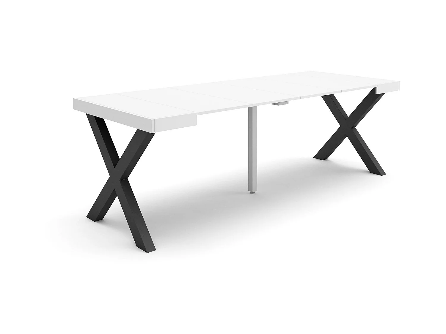 Table console extensible, 222x90x73cm, Pour 10 personnes, Pieds bois massif, Blanc