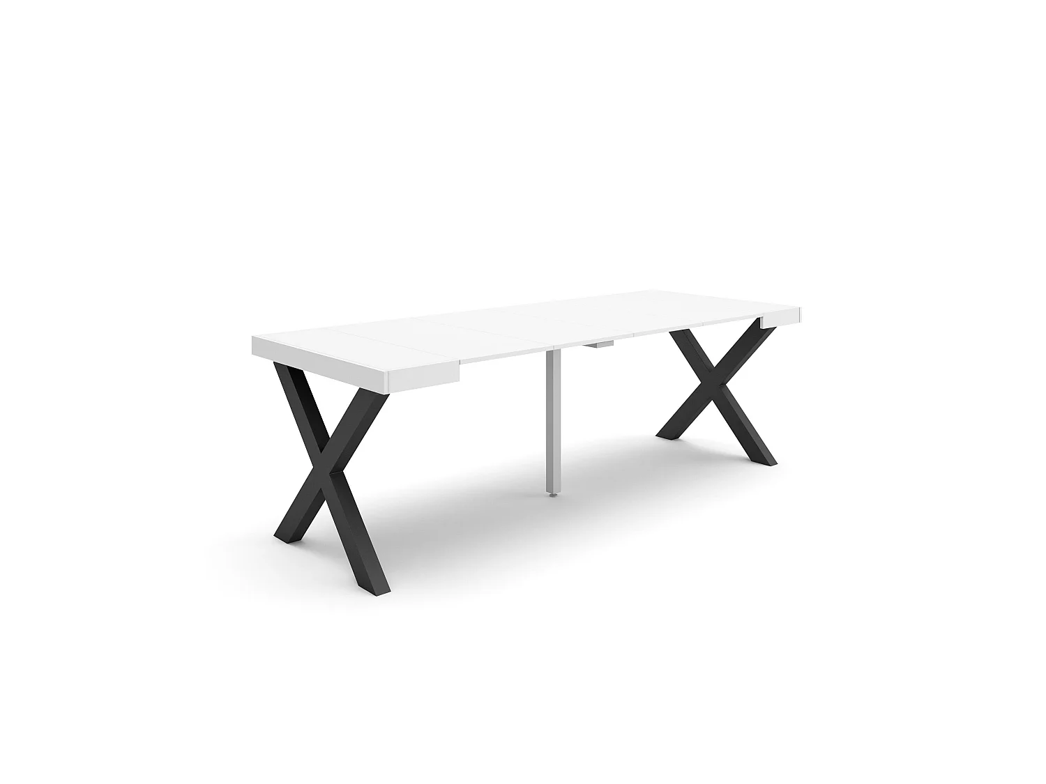 Table console extensible, 222x90x73cm, Pour 10 personnes, Pieds bois massif, Blanc