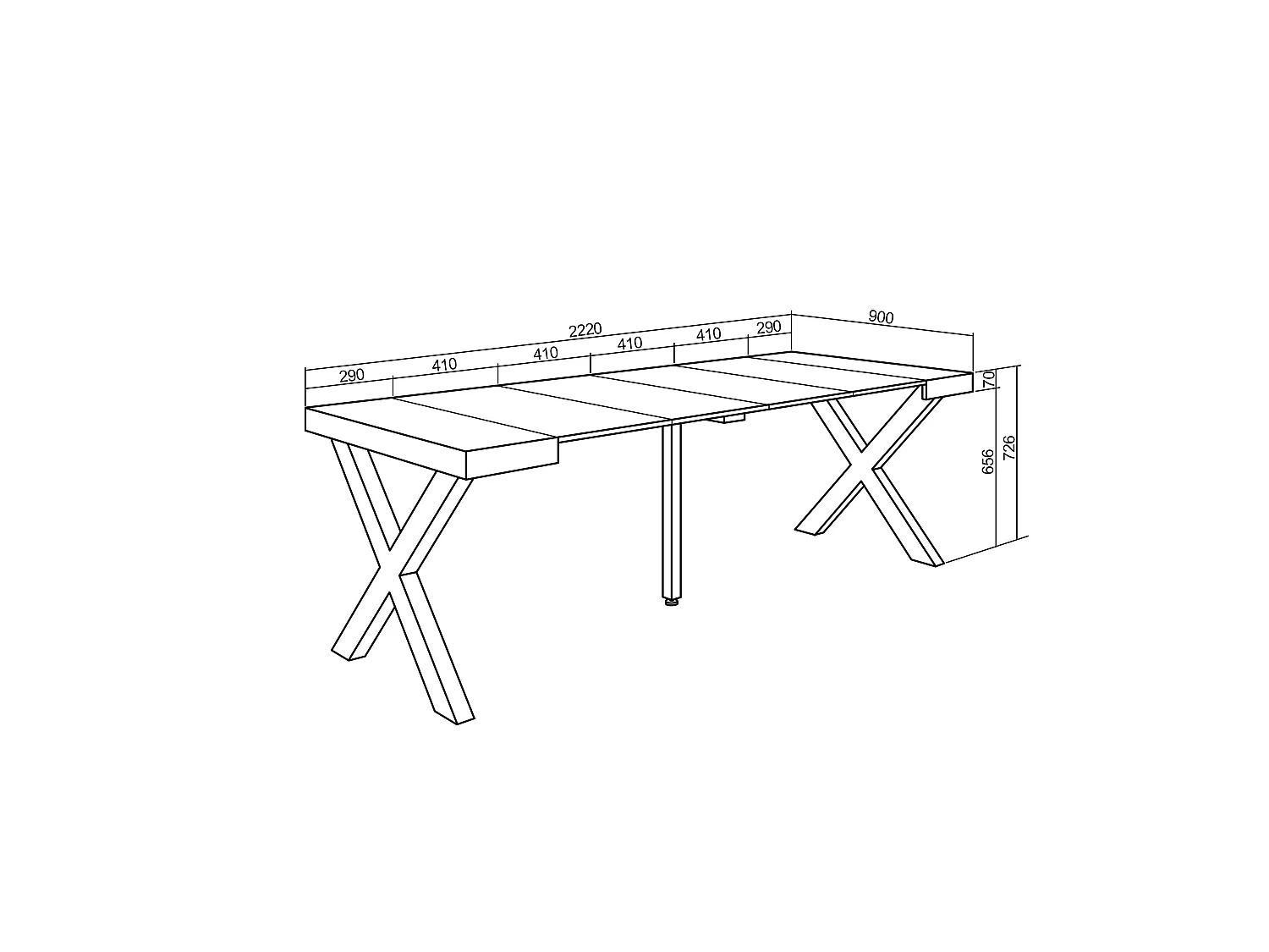 Table console extensible, 222x90x73cm, Pour 10 personnes, Pieds bois massif, Blanc
