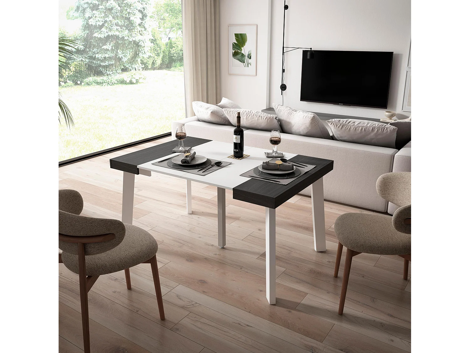 Uitschuifbare Consoletafel, 140x90x73cm, Voor 6 personen, Houten poten, Wit en Zwart