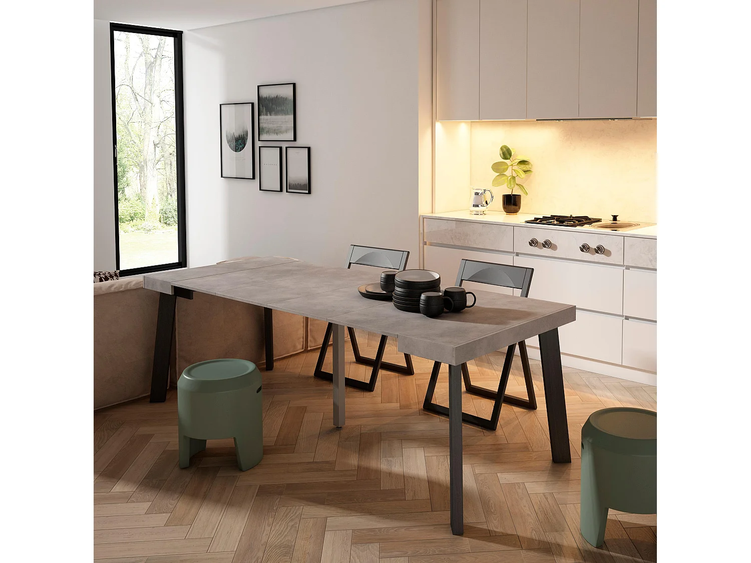Table console extensible, 222x90x73cm, Pour 10 personnes, Pieds en bois, Ciment