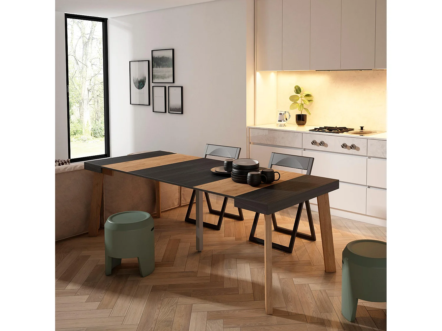 Uitschuifbare Consoletafel, 222x90x73cm, Voor 10 personen, Houten poten, Zwart/Eiken