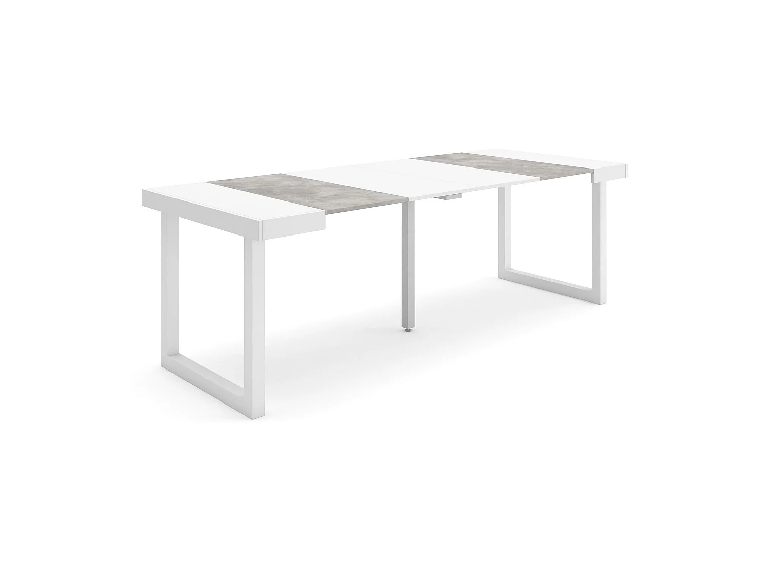 Uitschuifbare Consoletafel, 222x90x73cm, Voor 10 personen, Massief houten poten, Wit en Cement