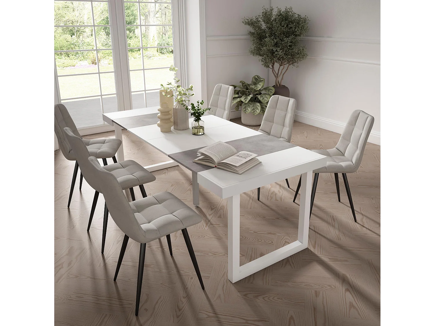 Table console extensible, 222x90x73cm, Pour 10 personnes, Pieds bois massif, Blanc et ciment