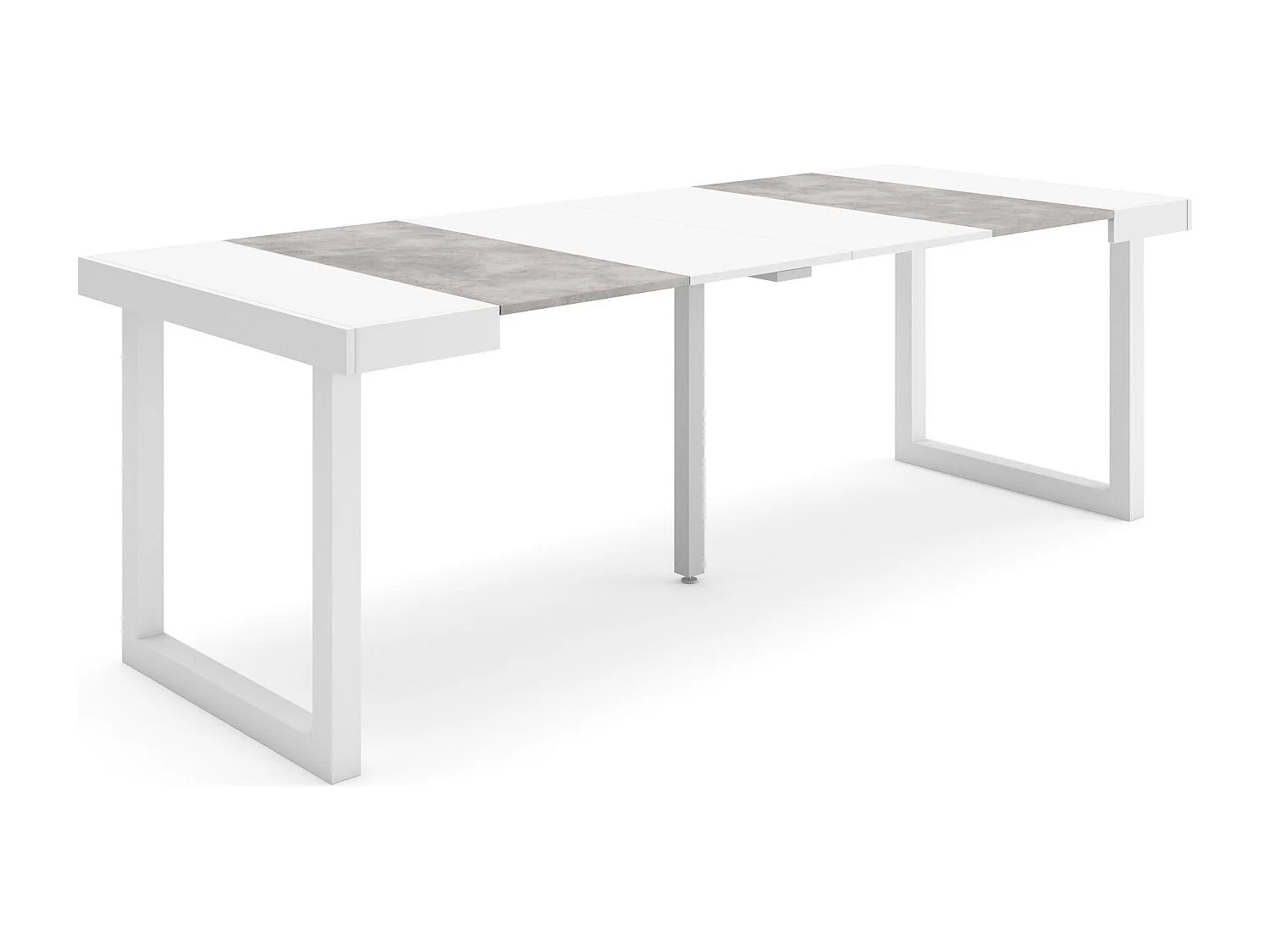 Table console extensible, 222x90x73cm, Pour 10 personnes, Pieds bois massif, Blanc et ciment