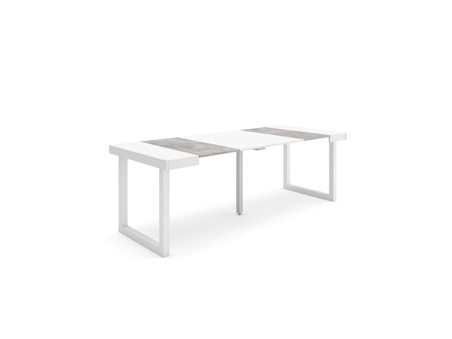 Table console extensible, 222x90x73cm, Pour 10 personnes, Pieds bois massif, Blanc et ciment