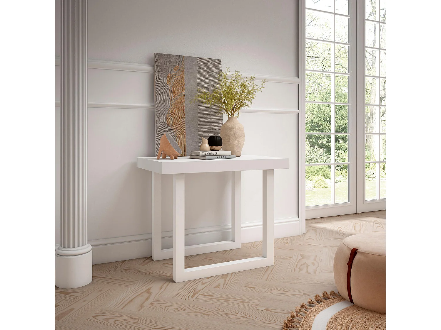 Table console extensible, 222x90x73cm, Pour 10 personnes, Pieds bois massif, Blanc et ciment