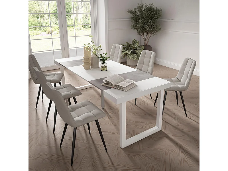 Table console extensible, 222x90x73cm, Pour 10 personnes, Pieds bois massif, Blanc et ciment