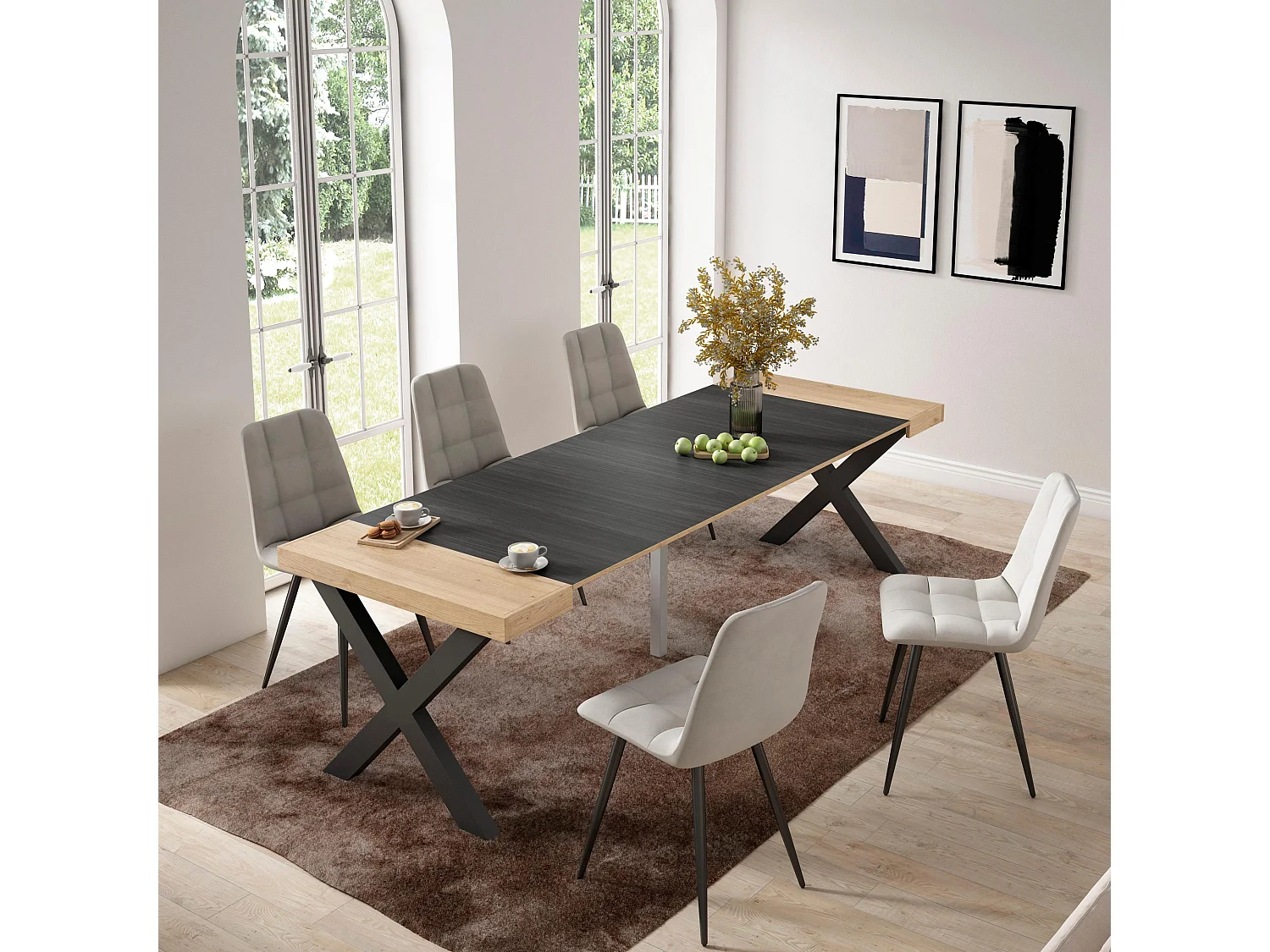 Table console extensible, 262x90x73cm, Pour 12 personnes, Pieds bois massif, Chêne et noir