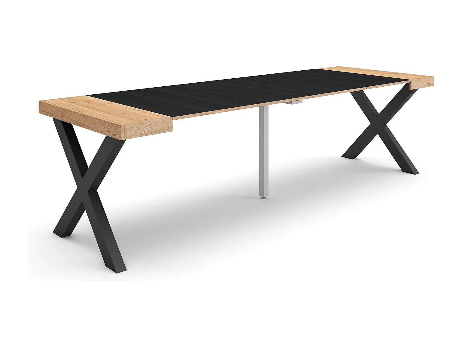 Table console extensible, 262x90x73cm, Pour 12 personnes, Pieds bois massif, Chêne et noir