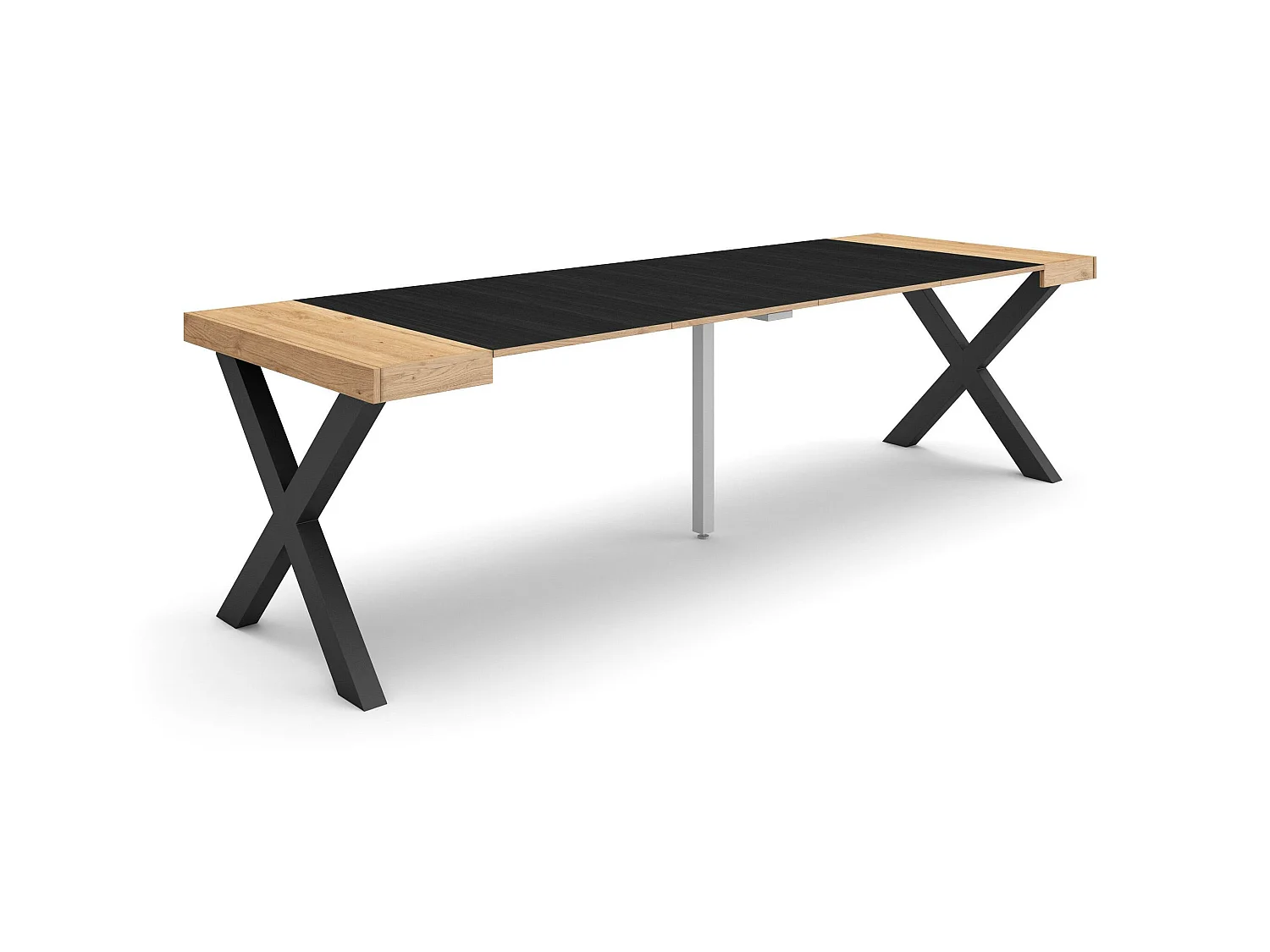 Mesa Consola extensible, 262x90x73cm, Para 12 comensales, Patas madera maciza, Roble y negro