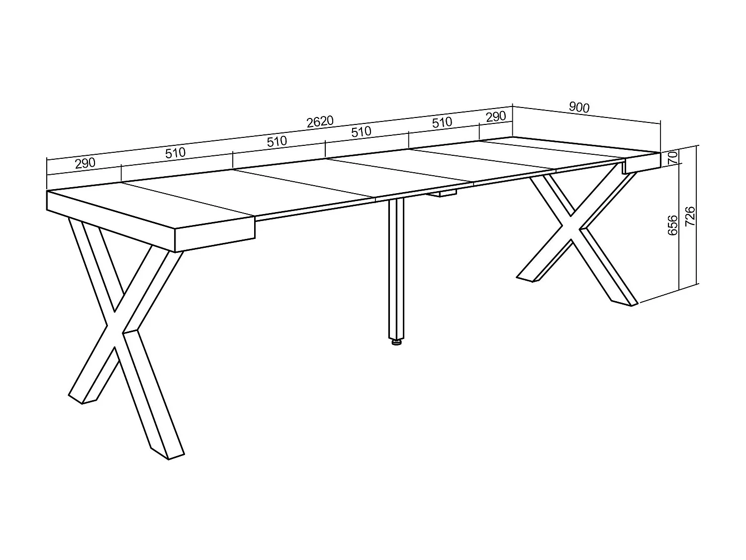Uitschuifbare Consoletafel, 262x90x73cm, Voor 12 personen, Massief houten poten, Eiken/Zwart