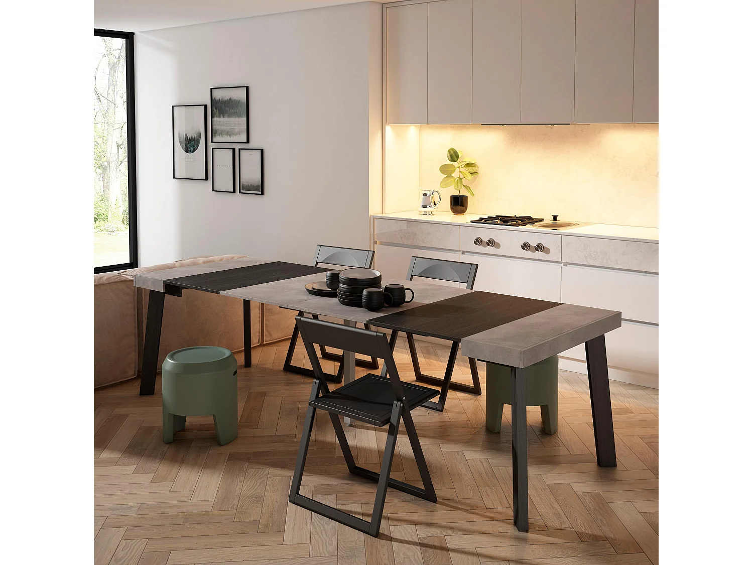 Table console extensible, 262x90x73cm, Pour 12 personnes, Pieds en bois, Ciment