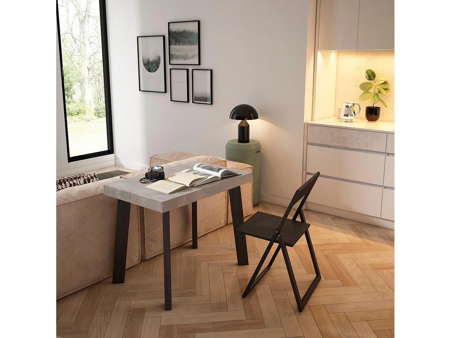 Table console extensible, 262x90x73cm, Pour 12 personnes, Pieds en bois, Ciment