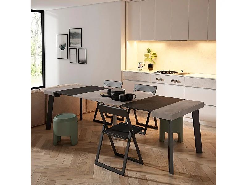 Table console extensible, 262x90x73cm, Pour 12 personnes, Pieds en bois, Ciment