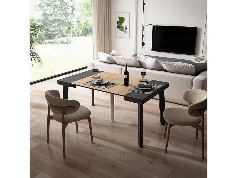 Ausziehbarertisch, 160x90x73cm, Für 8 Gäste, Hölzerne Beine, Schwarz Eiche